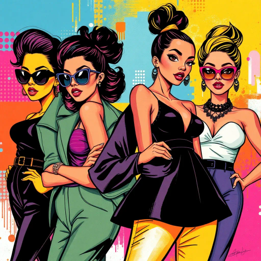 sassy ladies, vibrant colors, contemporary fashion, pop art influences, bold geometries, expressive poses, high contrast, dynamic lighting, Andy Warhol inspiration, urban chic, whimsical yet assertive, abstract backgrounds, mixed media techniques, modern aesthetics, empowerment, multicultural elements, intricate details, lively textures, confident expressions, fashion illustration style