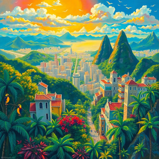 vibrant rainforest, sprawling cityscapes, Rio Carnival celebration, modernist architecture, Tarsila do Amaral, tropical paradise, lush landscapes, Samba rhythm, vivid color palettes, dynamic movement, cultural fusion, vibrant street art, warm sunlight, Copacabana beach, panoramic views, rich biodiversity, Botero-inspired figures, expressive brushstrokes, Amazon River, intricate textures, joyous atmosphere, cultural heritage, Henri Rousseau influence, energetic composition
