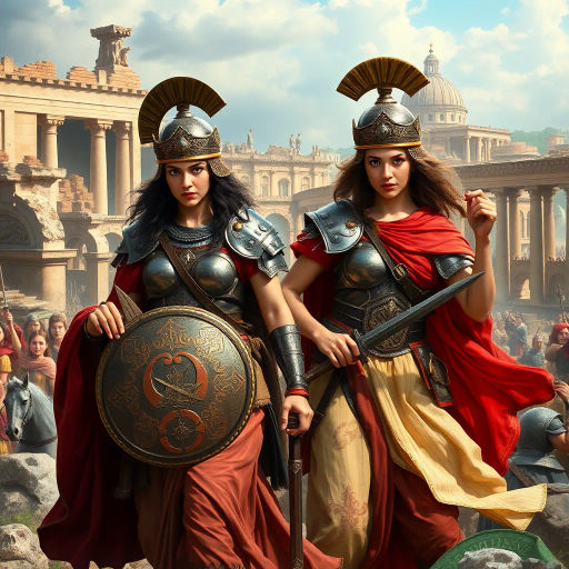 Visigothic warrior, Roman girls, Sack of Rome 410CE, Alaric I, historical fantasy, dramatic lighting, ancient ruins, Roman architecture, tension, contrast, battle aftermath, intricate armor, flowing robes, realism, mythological echoes, dynamic poses, epic storytelling, classical influence, historical accuracy, vibrant colors, cultural clash, emotive expressions, strategic composition, dynamic movement, atmospheric depth, historical narrative, powerful symbolism, historical reimagining, vivid detail, artistic intent, heroic magnitude, Caravaggio lighting, romanticized history, Baroque influence, emotional weight, sprawling panoramas, cultural tension, ravaged elegance, complex textures