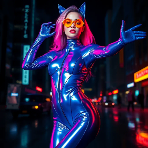 sleek catsuit design, high fashion, futuristic elements, vibrant neon lighting, dynamic pose, bold composition, metallic textures, sci-fi influence, Joan Miró inspiration, night cityscape, cyberpunk aesthetics, mysterious mood, playful elegance, abstract forms, intricate detailing, avant-garde style, fluid movements, bold color contrasts, surreal presentation, depth and layering, unconventional materials, reflections and shadows, elegant silhouette, imaginative realm, Salvador Dali, dreamlike atmosphere, geometric precision, fluid dynamics, visual storytelling, abstract surrealism, enigmatic expressions, ethereal glow, kaleidoscopic patterns, reflective surfaces, overlapping dimensions, contrasting hues, multidimensional perspective, spatial depth, imaginative narrative