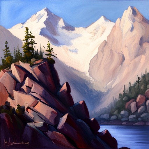 majestic peaks, rugged terrain, atmospheric perspective, muted colors, Impressionism, Hudson River School, light and shadow, texture, acrylic paint, naturalism, serenity, grandeur, scale, plein air, rocky outcroppings, dramatic sky, asymmetry, depth, soft brushstrokes, tranquility