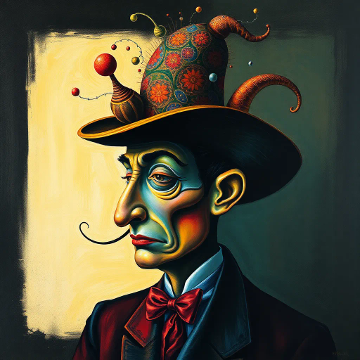 surreal hat, Salvador Dali, dreamlike quality, vibrant colors, intricate patterns, chiaroscuro lighting, abstract shapes, whimsical mood, ethereal textures, imaginative composition, renaissance influences, flowing lines, dynamic movement, wide color palette, fantastical elements, enigmatic symbolism, contemporary twist, broad brush strokes, conceptual art, metaphorical representation