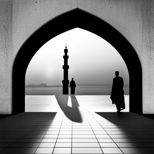 symbolic masjid, rounded border, border shadow, clock, 04:10 time, caption, 7 minutes walking distance