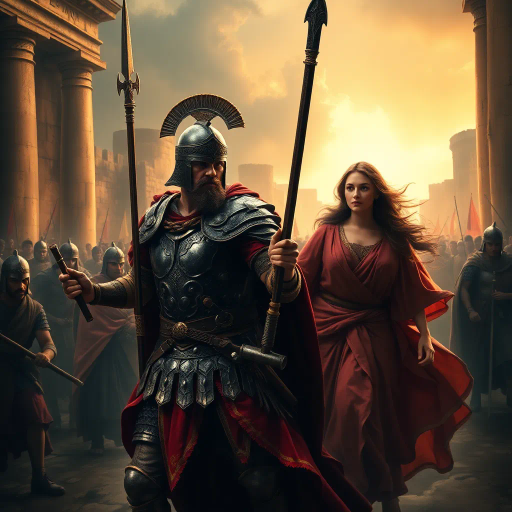 ancient Rome, Sack of Rome 410 CE, Visigothic warrior, Roman lady, dramatic tension, historical narrative, epic composition, chiaroscuro lighting, rich textures, vivid colors, romanticism, classicism, dramatic movement, cultural clash, historical saga, detailed armor, flowing Roman robes, emotional intensity, symbolic imagery, layered composition, heroic scale, classical architecture backdrop, dynamic interactions, historical realism, artistic storytelling, power and grace, clash of civilizations, evocative mood, intricate detailing, timeless conflict, artistic depth, dramatic contrast