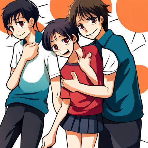 manga, Japanese art, school friends, friendship, youth, dynamic composition, expressive characters, flowing hair, school uniforms, shy girl, boyish boys, contrast, emotional connection, joyful, energetic, lively, manga artist, school setting, emotive facial expressions, detailed backgrounds, iconic poses, action-packed, adventurous, fun