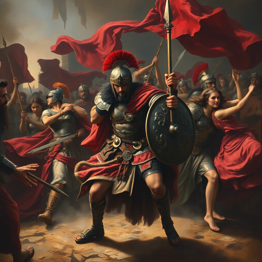 Sack of Rome 410CE, visigothic warrior, pretty Roman girls, Alaric, dramatic lighting, Michelangelo influences, classical antiquity, intense emotion, historic battle scene, chiaroscuro, cultural clash, rich textures, dynamic composition, detailed armor, flowing garments, Renaissance inspiration, vibrant color palette, chaotic movement, heroic scale, intricate line work, sense of power, historical symbolism, narrative depth, epic storytelling, vivid, immersive atmosphere