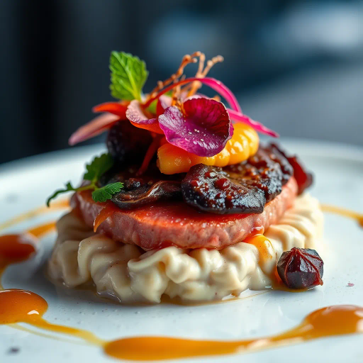 realism, hyper-detailed, gourmet cuisine, exquisite textures, vibrant colors, contemporary food styling, Rembrandt lighting, mouth-watering presentation, gastronomic artistry, culinary mastery, soft focus, appetizing allure, luxurious ingredients, chef's craft, edible elegance, high resolution, intricate details, modern culinary art, visually stunning, decadent plating, natural light, artistic culinary compositions, gourmet delicacies