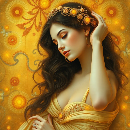 ethereal realm, enchanting beauty, Gustav Klimt, surreal elegance, divine femininity, radiant glow, golden hues, flowing curves, celestial allure, mythical ambiance, intricate detailing, dreamlike atmosphere, baroque influences, voluptuous forms, gentle curves, luminous highlights, mystical aura, tender expressions, timeless elegance, whimsical grace