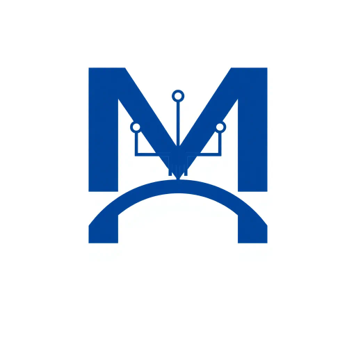 minimalist, bold, letter M, logo design, solid geometric shapes, V-shaped connectors, branching lines, hierarchy symbolism, indigo blue color palette, flat vector style, clean composition, modern SaaS branding, software aesthetics, white background, high-tech elegance, contemporary design, clarity, sleek presentation, geometric precision, corporate identity, monochromatic balance, visual hierarchy