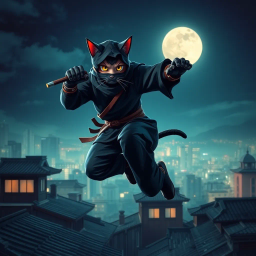 dynamic feline warrior, acrobatic motion, nocturnal adventure, Japanese ukiyo-e influence, moonlit rooftops, shadow and light contrast, surreal expression, stylized elegance, vibrant energy, precise linework, Edo period ambiance, swift movement, dramatic perspective, urban landscape, atmospheric tension, mysterious aura, textured fur detail, masterful agility, cultural richness, narrative depth, focused gaze, balanced composition, fluid grace