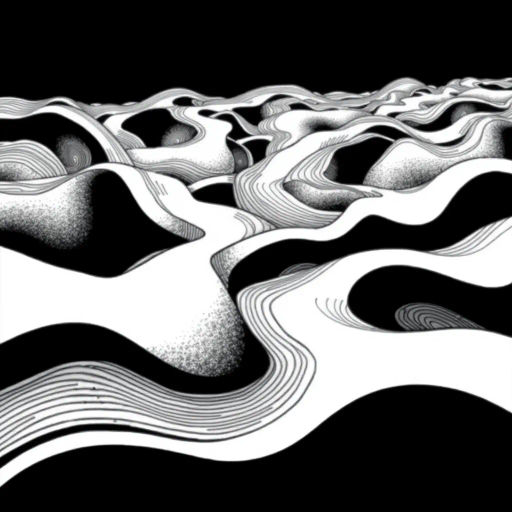 geometric shapes, intricate patterns, flowing lines, minimalist design, abstract expression, monochrome palette, dynamic movement, M.C. Escher influence, precise detailing, linear perspective, conceptual exploration, visual harmony, contour emphasis, spatial depth, contemporary influence, surreal geometry, optical illusion, mathematical artistry, avant-garde composition, abstract forms, pen and ink medium, black and white contrast, intersecting lines, detailed tessellation, fluid dynamics, rhythmic patterns, creative geometry, fine linework, subtle gradients, modern abstraction, artistic innovation, interlocking forms, infinite loops, Escherian landscapes, artistic paradox