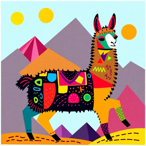 llama, geometric shapes, cubism, bold lines, vibrant colors, abstract interpretation, Picasso influence, surrealism, dynamic composition, kaleidoscopic patterns, vivid textures, modernist approach, playful expression, Andes mountains, cultural symbolism, rhythmic forms, intricate detailing, imaginative depiction, contemporary aesthetics