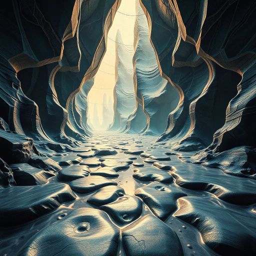 surreal landscapes, hyper-realistic textures, depth perspective, intricate details, vibrant contrast, futuristic design, immersive environments, light reflections, Yves Tanguy influences, bold geometry, delicate gradients, dynamic composition, spatial exploration, visual depth, artistic dimension, metallic surfaces, modern aesthetic, sculptural elements, atmospheric mood