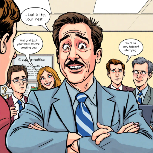 Michael Scott, vibrant colors, humorous expression, dynamic composition, satirical tone, exaggerated features, playful mood, pop art style, witty dialogue, The Office, ensemble cast, mockumentary style, quirky everyday life, character dynamics, cultural phenomenon, Steve Carell, Dunder Mifflin, paper company, office antics, relatable humor, expressive line work, sequential art story, vibrant palette, americana, interaction, narrative humor, iconic moments, lighthearted ambiance, dynamic poses, Jim Halpert, Pam Beesly, Dwight Schrute, vibrant personalities, comedic timing, sketch-like outlines, cartoonish exaggeration, character-centric atmosphere, vivid, captivating visuals, pop culture essence, humor-infused storytelling, satirical lens, office satire, mid-2000s sitcom charm, interactive narrative, charismatic characters