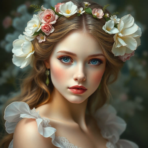 ethereal beauty, timeless elegance, Pre-Raphaelite inspiration, soft pastel tones, intricate detail, luminous light, delicate textures, Renaissance charm, serene expression, floral adornments, whimsical atmosphere, alluring gaze, mythical essence, enchanting aura, soft brushstrokes, vibrant hues, captivating composition, romanticism, serene backdrop, fanciful grace, gentle movement, surreal quality
