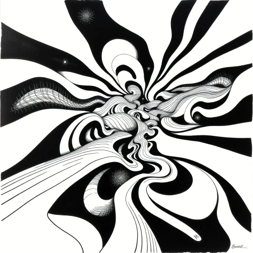 geometric shapes, intricate patterns, flowing lines, minimalist design, abstract expression, monochrome palette, dynamic movement, M.C. Escher influence, precise detailing, linear perspective, conceptual exploration, visual harmony, contour emphasis, spatial depth, contemporary influence, surreal geometry, optical illusion, mathematical artistry, avant-garde composition, abstract forms, pen and ink medium, black and white contrast, intersecting lines, detailed tessellation, fluid dynamics, rhythmic patterns, creative geometry, fine linework, subtle gradients, modern abstraction, artistic innovation, interlocking forms, infinite loops, Escherian landscapes, artistic paradox