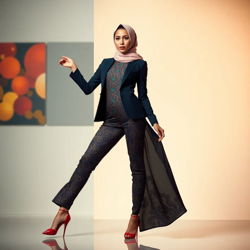 elegant Arab woman, contemporary fashion, hijab, professional attire, modern workplace, high heels, Middle Eastern influence, vibrant colors, soft ambient lighting, dynamic posing, cultural expression, delicate textiles, confident and empowering presence, sophisticated grace, diverse cultural representation, fusion of modern and traditional elements, cultural fusion, empowerment and poise, Impressionism influences, Gustav Klimt inspiration, Art Nouveau elegance, intricate patterns, intricate detailing, vibrant color palette, symbolic attire, office environment, balance and harmony, dynamic composition, surreal lighting, cultural narrative, refined textures, bold symbolism, artistic influences, multicultural dialogue, striking balance, expressive realism, innovative representation, unique fashion, delicate balance, harmonious color palette