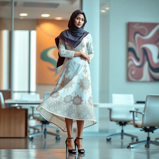 Arab woman, elegant hijab, professional setting, modern workplace, high heels, Middle Eastern culture, contemporary art, intricate patterns, vibrant colors, soft lighting, dynamic pose, cultural expression, delicate fabrics, office environment, confident demeanor, sophisticated fashion, grace and poise, diverse representation, cultural fusion, empowerment, modernism, Impressionism influences, human form, balance and harmony, Henri Matisse, modern elegance, intricate textile patterns, vibrant aesthetic, global influence, artistic expression, dignity and strength, atmospheric composition, elegant lines, harmonious palette, seamless integration, modern artistry