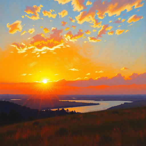 vibrant sunset, Claude Monet, impressionism, golden hour, radiant light, horizon glow, atmospheric depth, warm hues, sunburst effect, serene landscape, reflective water, tranquil mood, soft brushstrokes, expansive sky, luminous clouds, gradient blending, emotional resonance, horizon line, framing perspective, peaceful evening