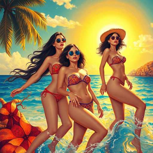 elegant ladies, vibrant bikinis, sunlit beaches, surreal lighting, impressionist techniques, flowing forms, saturated colors, dynamic compositions, Gustav Klimt, tropical ambiance, summer essence, playful and carefree mood, vibrant energy, contemporary flair, oceanic hues, shimmering textures, warm radiance, intricate patterns, modernistic approach, artistic femininity, fluid movement, dreamlike setting, bold contrasts, joyful expression, exotic influences, fashion illustration, max detail, symmetric balance, fluid movement, harmonious design, vivid palettes, expressive styling, radiant glow, dreamscapes, tropical paradise, sinuous elegance, kaleidoscopic vision, ethereal beauty