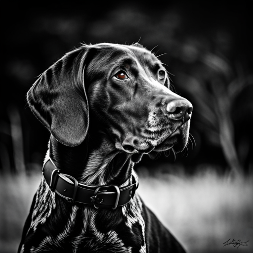 German shorthair pointer, hunting dogs, animal portrait, monochrome, high contrast, dark background, intense gaze, rugged texture, black and white photography, natural lighting, hunting instinct, powerful stance, majestic posture, pedigree breeds, outdoor photography, dog training photographic