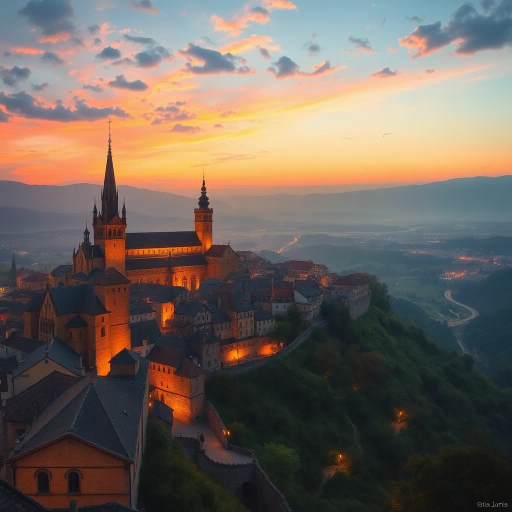 medieval cityscape, glowing twilight, perched on hilltop, vibrant colors, Claude Lorrain influence, golden hour lighting, ethereal atmosphere, lush landscapes, towering spires, intricate architecture, cobblestone streets, panoramic views, sweeping vistas, rich texture, romanticism, detailed engravings, enchanting aura, timeless beauty, serene ambiance, historical roots, narrative storytelling, mystical realm, elevated perspective, imaginative vision, dreamlike setting, magical realism, atmospheric haze, visual poetry, harmonious balance, artistic expression, visionary landscape, fantasy essence, enchanting visuals, Claude Monet inspiration, Baroque influence, tapestry of color, luminous glow, enchanting spell, whimsical charm, historical narrative, romantic era, pastel hues, soft shadows