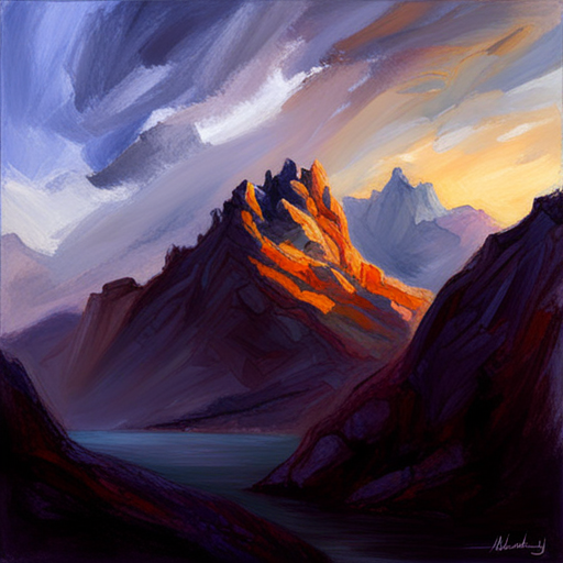 majestic peaks, rugged terrain, atmospheric perspective, Impressionism, Hudson River School, light and shadow, texture, acrylic paint, naturalism, serenity, grandeur, scale, plein air, rocky outcroppings, dramatic sky, asymmetry, depth, soft brushstrokes, tranquility, landscape painting, pixel art, atmospheric lighting