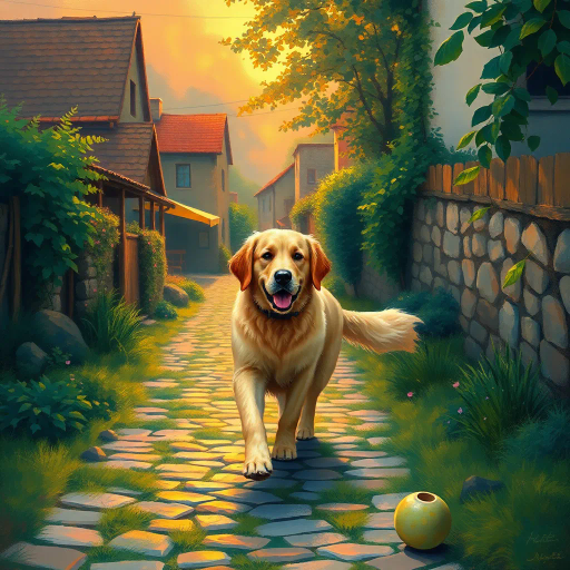 golden retriever, strolling peacefully, along a cobblestone path, Claude Monet influences, ethereal lighting, vibrant hues, rich textures, dynamic movement, pastoral scenery, Impressionist brushstrokes, warm sunset glow, emotional serenity, playful elegance, lush greenery, narrative composition, naturalistic detail, charming village, Timeless elegance, Edward Hopper's narrative style, vivid storytelling