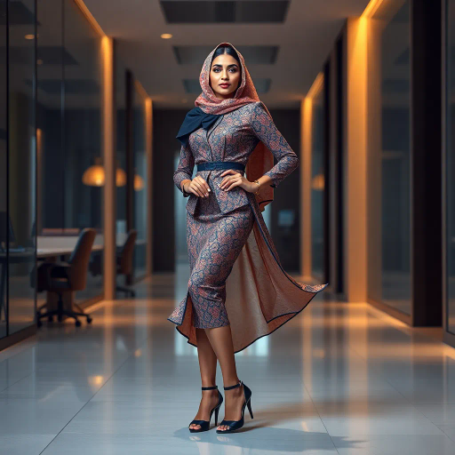 elegant Arab woman, professional attire, modern workplace, high heels, Middle Eastern influence, contemporary art style, intricate patterns, vibrant color palette, soft ambient lighting, cultural expression, dynamic posing, delicate textiles, confidence, empowerment, sophistication, grace, diverse cultural representation, cultural fusion, impressionism influences, human form depiction, balance and harmony, dynamic office environment, elegance, poise, detailed craftwork, modernism, cultural narrative, harmonious composition, vibrant textures