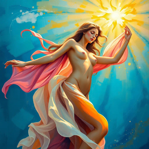 graceful, ethereal, sunlit, renaissance, Botticelli-inspired, vibrant colors, flowing fabric, soft contours, abstract realism, oceanic background, azure hues, delicate brushstrokes, dynamic composition, sun-kissed, serene expression, liberating movement, artistic nudity, impressionistic textures, harmonious balance, timeless beauty, emotive palette, chiaroscuro lighting, cultural diversity, immersive perspective, transcendent elegance, radiant illumination, ethereal glow, harmonious rhythm, soft transitions, sublime light, cultural tapestry, visual poetry, serene harmony, dreamlike atmosphere, radiant illumination, dynamic composition, emotive palette