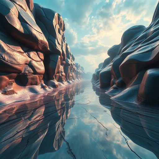 surreal landscapes, hyper-realistic textures, depth perspective, intricate details, vibrant contrast, futuristic design, immersive environments, light reflections, Yves Tanguy influences, bold geometry, delicate gradients, dynamic composition, spatial exploration, visual depth, artistic dimension, metallic surfaces, modern aesthetic, sculptural elements, atmospheric mood