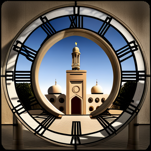 symbolic masjid, rounded border, border shadow, clock, 04:10, caption, 7 minutes walking distance