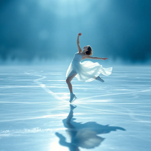 graceful figure skater, gliding across icy surface, winter chill, olympic spirit, dynamic movement, serene concentration, elegant pose, flowing ice, misty breath, ethereal lighting, dramatic shadows, crystalline textures, contemporary style, precision artistry, inspired by Degas and Mucha, soft blue and white palette, delicate balance, rhythmic motion, emotional resonance, global unity, panoramic perspective, intricately detailed, harmonious composition, captivating grace, spirit of competition