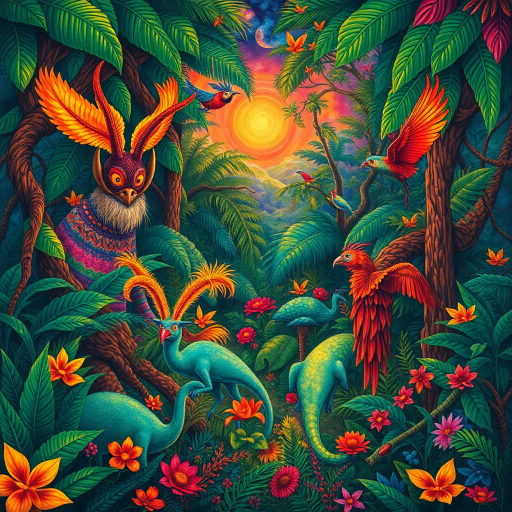 vibrant rainforest, carnival energy, tropical palette, intricate textures, Gustavo Rosa, surrealism, expressive forms, dynamic movement, colorful feathers, mystical beings, atmospheric perspective, lush foliage, samba rhythms, cultural tapestry, radiant lighting, whimsical creatures, vibrant celebrations, exotic wildlife, lively atmosphere, magical realism, imaginative scenery, rhythmic patterns, bold silhouettes