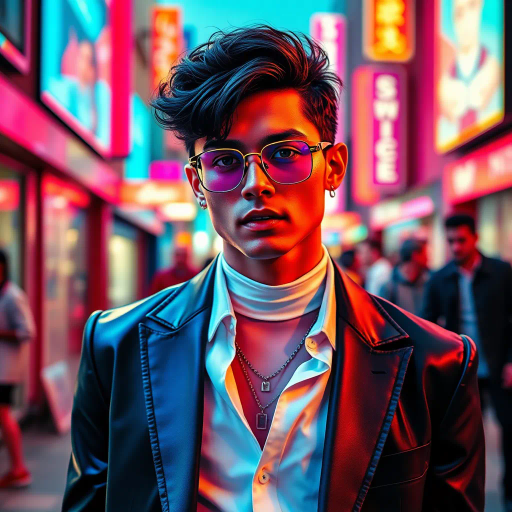 influential figure, modern elegance, stylish attire, expressive gaze, vibrant urban setting, pop culture elements, Andy Warhol, neon hues, dynamic composition, captivating presence, social media influence, contemporary fashion, digital brushwork, contrast lighting, sleek aesthetic, cultural commentary, modernist approach, confident stance, influential persona, urban sophistication, youthful exuberance, creative energy, digital platforms, global reach, vibrant creativity