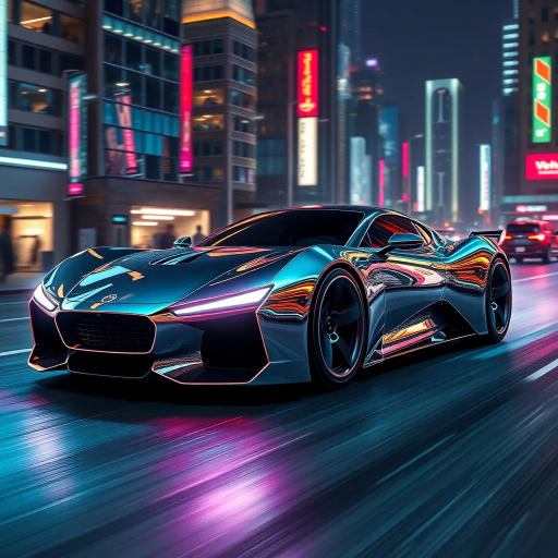 futuristic car design, sleek lines, chrome finish, vibrant neon highlights, dramatic lighting, dynamic movement, aerodynamic shape, retro-futurism, precision engineering, urban environment, concept art, high-tech materials, hyper-realistic detailing, modern aesthetics, speed and agility, metallic textures, ambient atmosphere, avant-garde composition, illuminated cityscape, art deco influences
