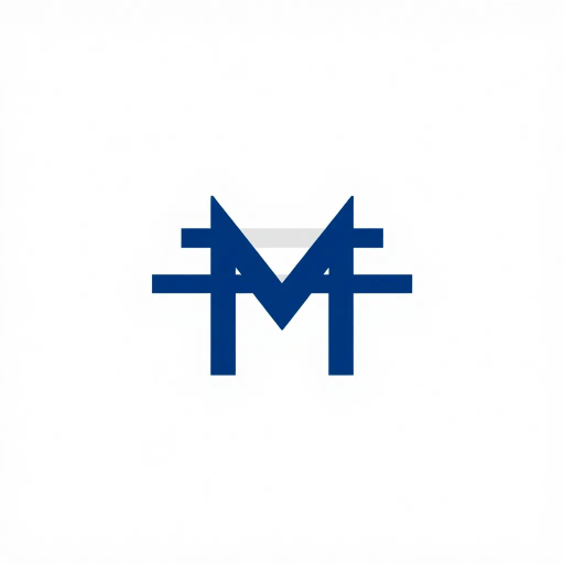 bold letter M, parallel strokes, tapering structure, upward hierarchy, indigo blue, geometric precision, vector design, minimalist aesthetic, structural elegance, balance and symmetry, clean composition, white background, modernist influences, Bauhaus geometry, minimal lines, disciplined form, artistic clarity, abstract expression, Kandinsky inspiration, harmonious contrast, flat color fields, innovative typographic elements, Swiss design principles, mid-century modern vibes