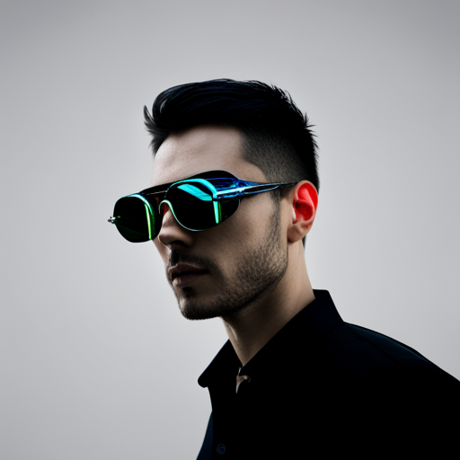 futuristic sunglasses, stylish monocle, vibrant neon lights, cyberpunk influence, retro-futurism, asymmetrical design, high-tech materials, augmented reality, digital cityscape, dystopian society, rebellion, neon glow, sharp edges, chrome accents