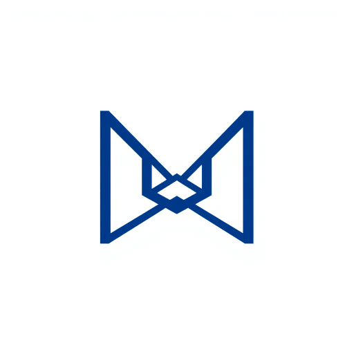 minimal M logo, perspective convergence, depth, hierarchy, solid indigo blue, geometric, modern tech design, flat vector, white background, Bauhaus influences, clean lines, symmetry, contemporary aesthetics, spatial innovation, futurism, precision, abstraction, innovative branding, structural elegance