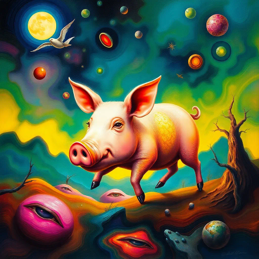surreal pig, Salvador Dali inspiration, whimsical, dreamlike landscape, vibrant colors, flowing textures, imaginative forms, enchanted forest, glowing ambiance, organic shapes, mystical aura, abstract expressionism, whimsical flight, dynamic movement, ethereal light, narrative depth, playful mood, mythical creature, artistic fantasy