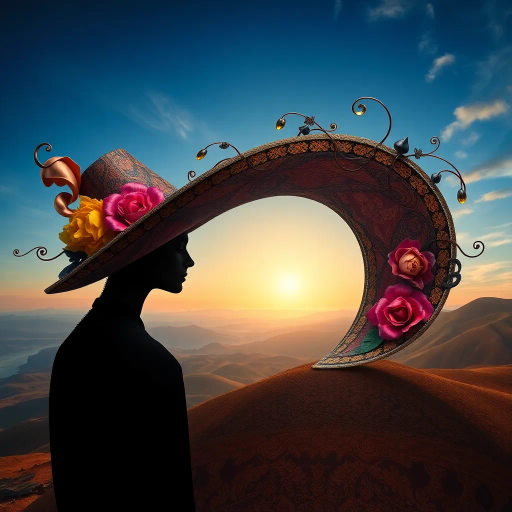 surreal, elegant hat, intricate design, Salvador Dalí influences, vibrant colors, dreamlike quality, soft shadows, 21st-century fashion, baroque textures, luxurious silk, avant-garde aesthetics, bold lines, imaginative, mysterious allure, distant horizon, floral patterns, sophisticated elegance, contrasting hues, floating elements, whimsical details, abstract geometry, modern elegance