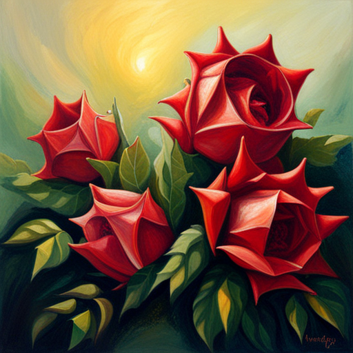 Romanticism, still-life, Delicate, Petals, Thorns, Emotional Symbolism, Warm Lighting, Chiaroscuro, Oil Painting, Impressionism, Fragility, Beauty, Red, Life Cycle, Nature, Art Nouveau