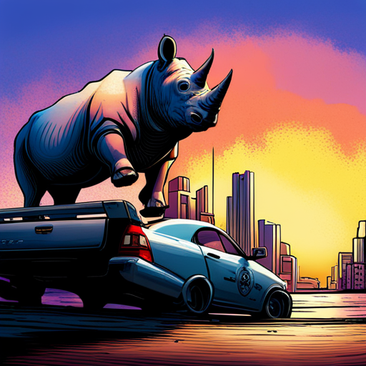 rhino, stealing, bank, heist, action, crime, superhero, dark, shadows, suspense, dynamic, cityscape, dramatic, graphic, bold, ink, vibrant colors, fast-paced, adrenaline, robbery, escape, danger, tension, intense, graphic novel