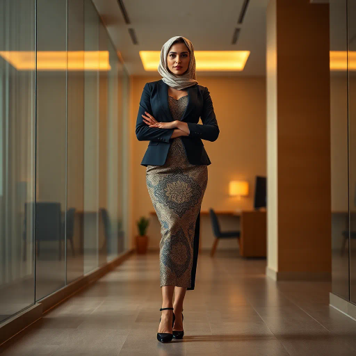 alluring Arab beauty, elegant poise, high heels, Henri Matisse and Yves Saint Laurent inspirations, modern elegance, desert oasis and professional setting, golden hour and chiaroscuro lighting, vibrant warm tones, luxurious textures, intricate and traditional Middle Eastern patterns, exotic allure, cultural richness, flowing lines, sensual movement, feminine power, refined and timeless grace, harmonious romantic ambiance, visual poetry, captivating and seductive composition, ethereal mood, desert mirage, artistic flair, expressive body language, sophisticated minimalism, textural contrast, dynamic perspective, poised demeanor, artistic serenity, contemporary realism, nuanced textures, stylish composition