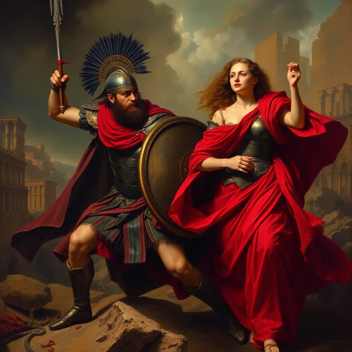 ancient Rome, Sack of Rome 410 CE, Visigothic warrior, Roman lady, dramatic tension, historical narrative, epic composition, chiaroscuro lighting, rich textures, vivid colors, romanticism, classicism, dramatic movement, cultural clash, historical saga, detailed armor, flowing Roman robes, emotional intensity, symbolic imagery, layered composition, heroic scale, classical architecture backdrop, dynamic interactions, historical realism, artistic storytelling, power and grace, clash of civilizations, evocative mood, intricate detailing, timeless conflict, artistic depth, dramatic contrast