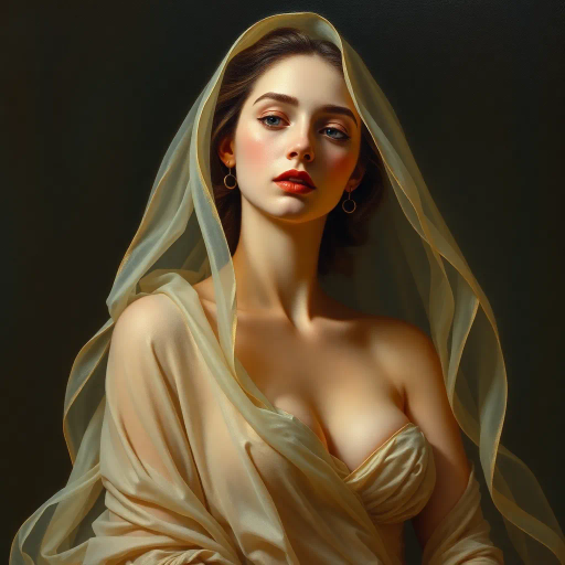 Renaissance, surrealism, ethereal elegance, chiaroscuro lighting, muted pastels, oil paint texture, Botticelli, Dali, delicate translucence, female form, elegance, dreamlike atmosphere, baroque curves, intimate portrait, flowing drapery, softness, timeless allure, serene expression, modern interpretation, cultural fusion, emotive gaze, gentle movement, classic composition, symbolic beauty, illuminated silhouette, harmonious balance, poised stance