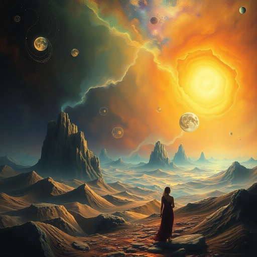 introspective contemplation, surreal landscapes, ethereal lighting, Salvador Dali influence, mystical aura, dreamlike quality, vivid imagination, flowing forms, cosmic scale, meditative mood, intricate patterns, celestial elements, timeless essence, rich textures, harmonious colors, vast space, transcendental symbolism, imaginative introspection, lush detail, visionary dreamscapes, whimsical realms, abstract dimensions, divine presence, ethereal journey, enigmatic visions, imaginative fantasy, surrealist influence, otherworldly beauty, poetic metaphors, boundless horizons