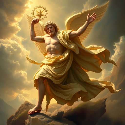 Hermes, Greek god, divine messenger, wings on sandals, caduceus, swift movement, dynamic pose, classical antiquity, mythological figure, ethereal glow, lively expression, flowing robes, bronze sheen, golden highlights, celestial ambiance, divine radiance, Olympian grandeur, Renaissance elegance, masterful brushwork, majestic presence, fluid motion, wind-swept landscape, spiritual journey, open sky, artistic symbolism, celestial themes, Homeric influence, Roman frescoes, Hermes Trismegistus, elevated perspective, spiritual transcendence, mythological elegance, ethereal expression, ancient mythology