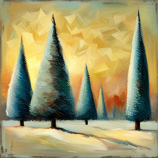 four Christmas tree, textured canva, oil vintage