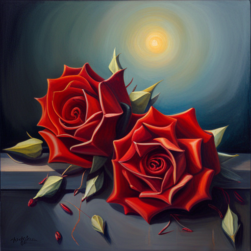 Romanticism, Still-Life, Oil Painting, Impressionism, Art Nouveau, Warm Lighting, Chiaroscuro, Emotional Symbolism, Thorns, Red Petals, Life Cycle, Fragility, Beauty, Nature